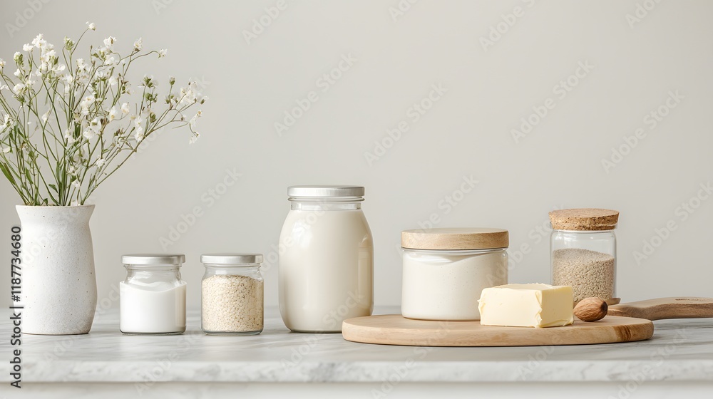 Creative Presentation of Plant-Based Alternatives in Minimalist Setting with Ingredients and Natural Textures on White Background Creative Presentation of Plant-Based Alternatives in Minimalist Setting with Ingredients and Natural Textures on White Background