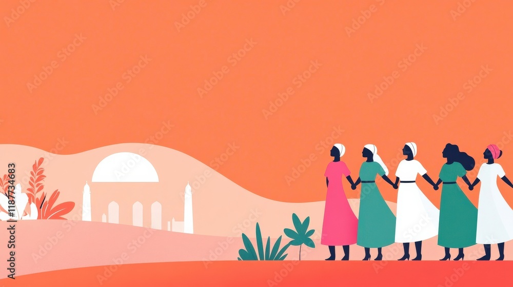 Group of Diverse Women in Colorful Attire Holding Hands Together Against an Orange Background Representing Unity, Community, and Empowerment in a Stylized Landscape Group of Diverse Women in Colorful Attire Holding Hands Together Against an Orange Background Representing Unity, Community, and Empowerment in a Stylized Landscape