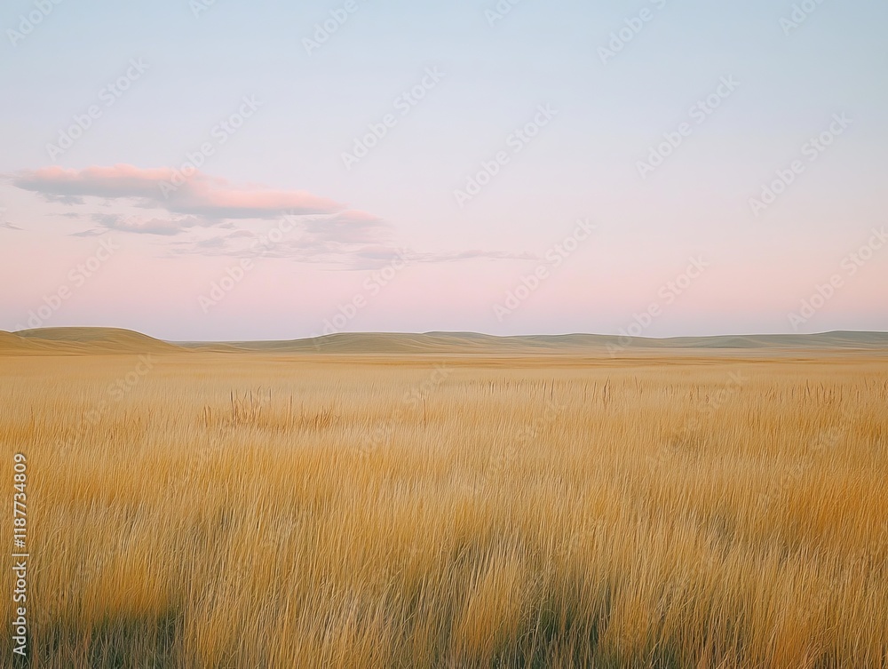 Expansive golden prairie landscape at sunrise with pastel sky Expansive golden prairie landscape at sunrise with pastel sky
