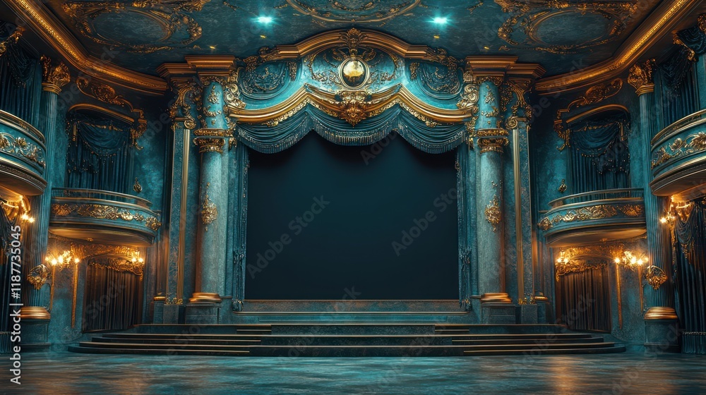 Obraz premium Opulent Teal Grand Theater Stage: A Luxurious Baroque Design