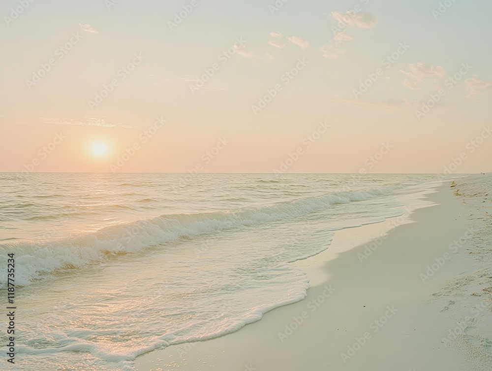 Serene sunset over tranquil beach with gentle waves and clear sky Serene sunset over tranquil beach with gentle waves and clear sky
