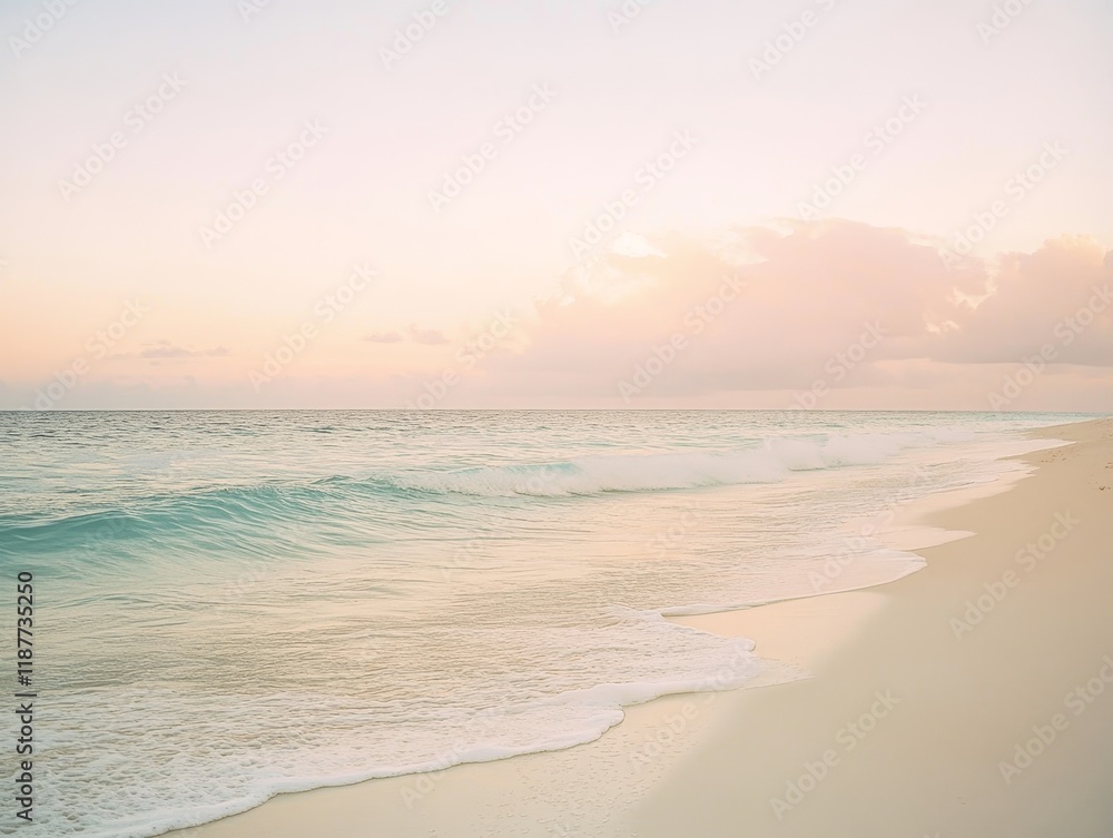 Serene beach at sunset with gentle waves and soft pastel sky Serene beach at sunset with gentle waves and soft pastel sky