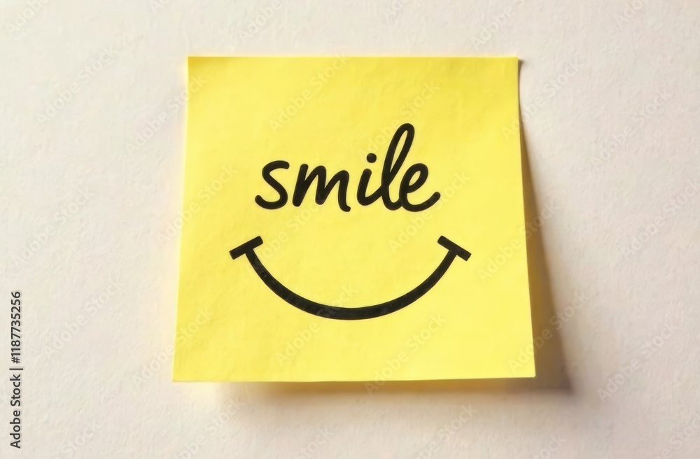A bright yellow sticky note displays the word smile along with a cheerful smiley face. This encourages positivity and happiness in any setting, ideal for uplifting spirits. A bright yellow sticky note displays the word smile along with a cheerful smiley face. This encourages positivity and happiness in any setting, ideal for uplifting spirits.