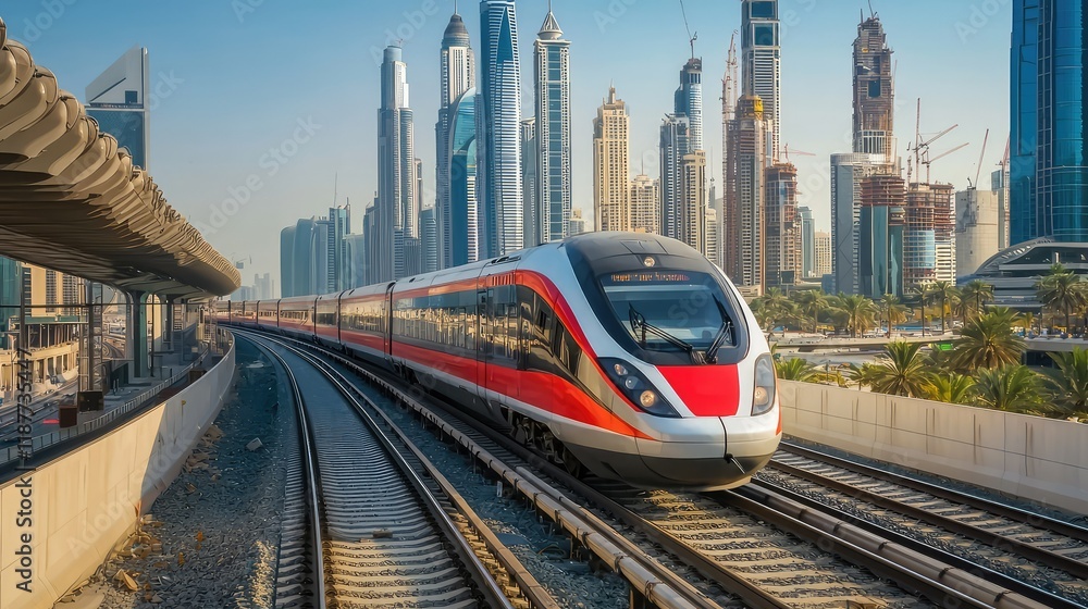 Naklejka premium Modern Train Traveling Through Urban Landscape in Dubai