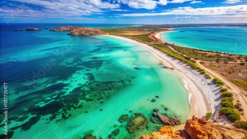 Aerial View of Turquoise Bay with Bokeh Effect, Beach and Sandy Coastline in Exmouth, Australia - Stunning Coastal Landscape Photography
