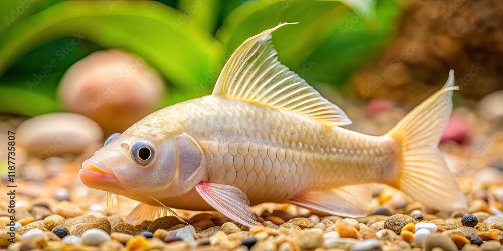 Obraz premium Albino Corydoras Catfish Closeup - Aquarium Fish, Gravel, Smooth Stones, Underwater Macro Photography