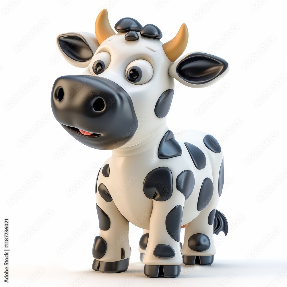 Naklejka premium A lively cartoon cow character stands upright, sporting a shiny coat with black and white patches. Its large eyes and smile convey a playful demeanor, making it a cute and friendly figure.
