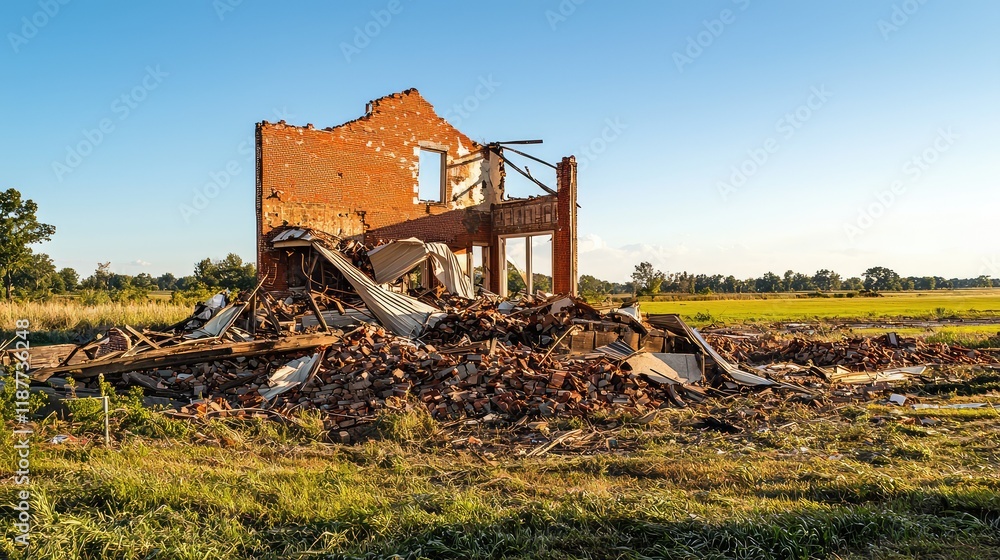 Fototapeta premium Abandoned Building Ruins Under Clear Sky with Fallen Debris
