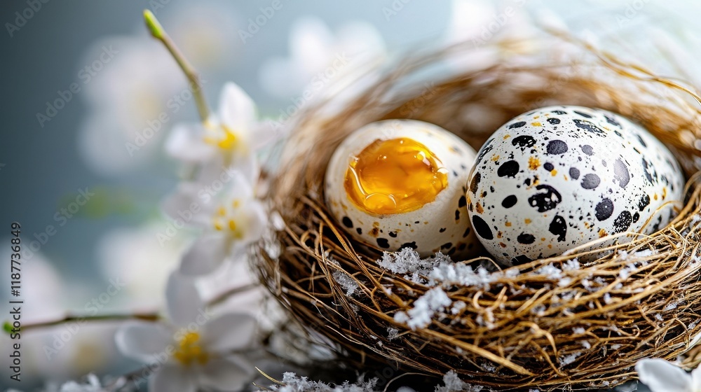 Speckled Eggs in Nest with Open Yolk Speckled Eggs in Nest with Open Yolk