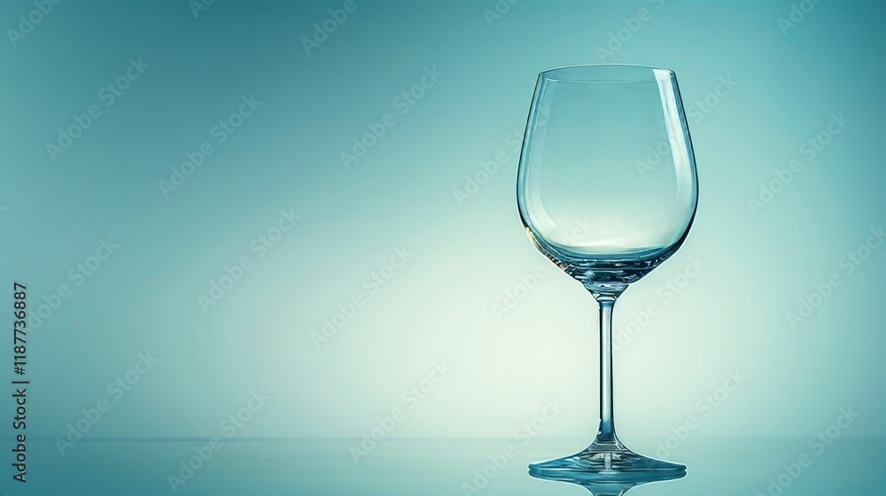 Fototapeta premium A clear wine glass stands on a smooth surface, reflecting soft light against a calming blue backdrop. The glass is empty, showcasing its delicate design and inviting a future toast. Copy space