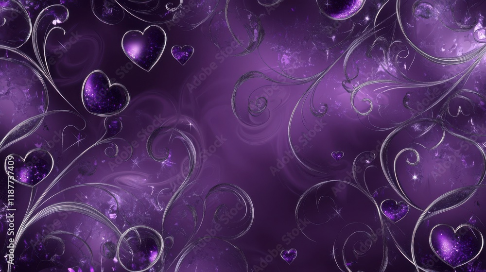 A deep violet background covered in glittering swirls and flourishes of purple and silver. Subtle heart patterns shimmer within the design.