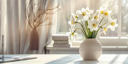 minimalist Home office, interior for bloggers workplace with white daffodils in a vase