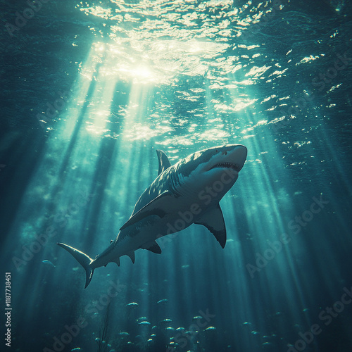 Majestic Great White Shark Swimming in Sunlit Ocean Depths Surrounded by Fish in a Marine Wildlife Scene photo