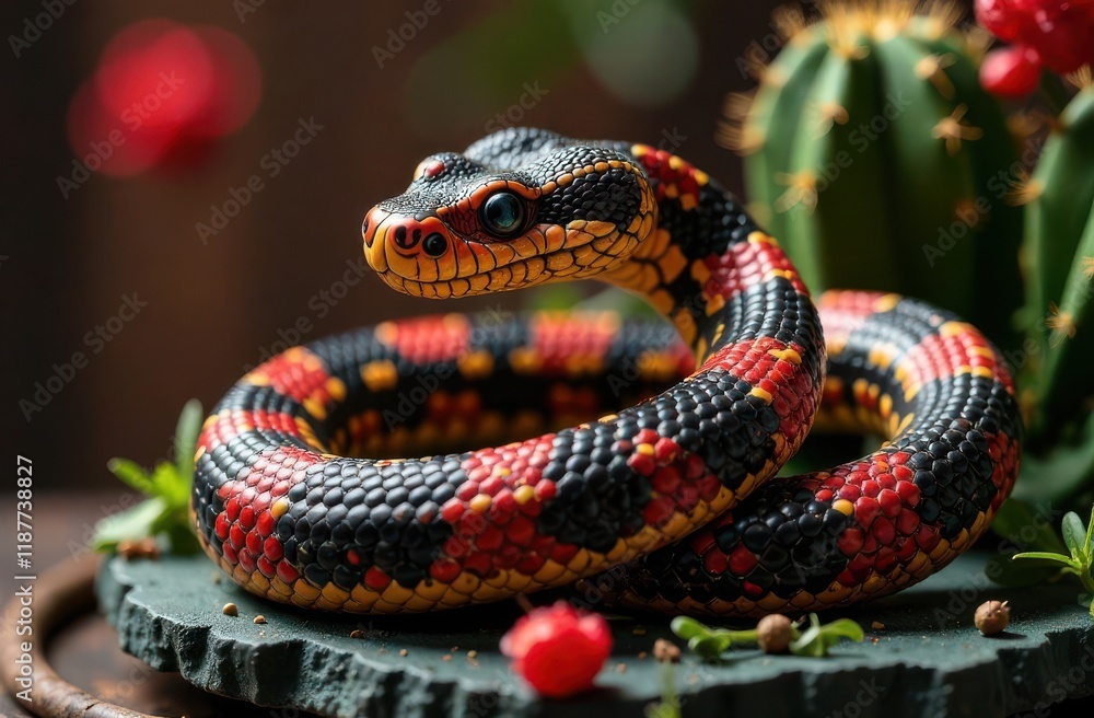 A striking snake with vibrant black, red, and yellow patterns coils gracefully around a green cactus. The lively scene features small red berries and fresh greenery in a tranquil indoor environment. A striking snake with vibrant black, red, and yellow patterns coils gracefully around a green cactus. The lively scene features small red berries and fresh greenery in a tranquil indoor environment.
