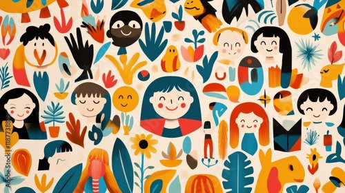 Vibrant and Playful Illustration of Colorful Characters and Nature Inspired Elements with Diverse Faces and Fun Flora in a Whimsical Design