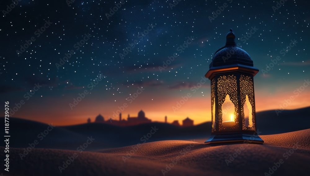 Desert Lantern: A Serene Nightscape with Starry Sky Desert Lantern: A Serene Nightscape with Starry Sky
