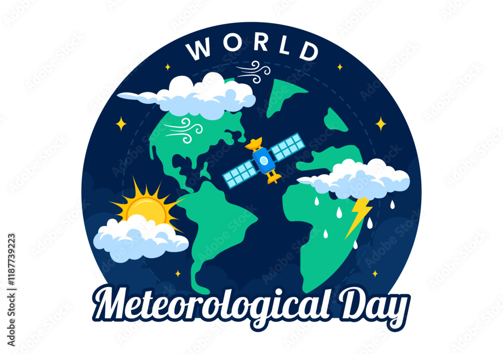 Naklejka premium World Meteorological Day Vector Illustration on 23 March, Featuring Earth Map, Meteorology Science, and Weather Research in a Flat Style Background