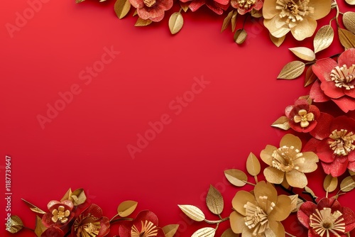 Elegant red and gold floral arrangement on vibrant background
