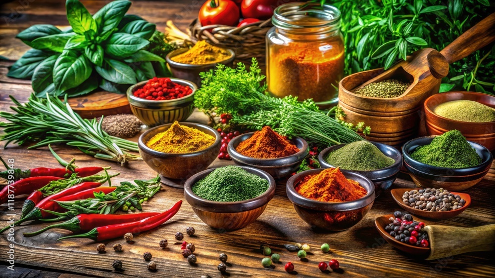 Fototapeta premium Captivating Low Light Photography of Fresh Herbs and Spices for Culinary Inspiration and Natural Beauty