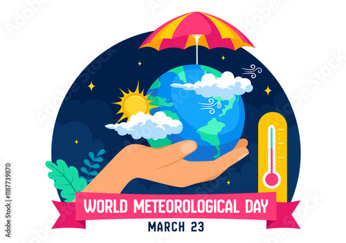 World Meteorological Day Vector Illustration on 23 March, Featuring Earth Map, Meteorology Science, and Weather Research in a Flat Style Background