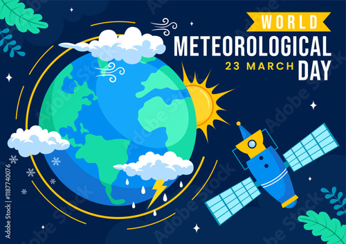 World Meteorological Day Vector Illustration on 23 March, Featuring Earth Map, Meteorology Science, and Weather Research in a Flat Style Background