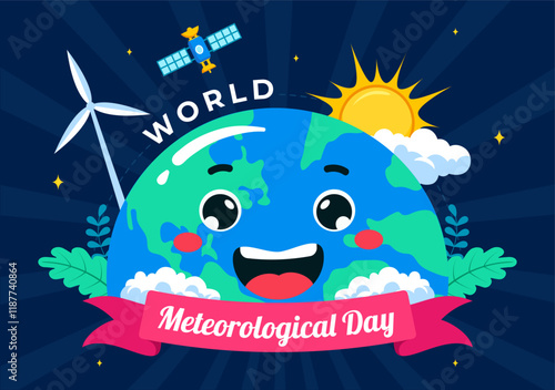 World Meteorological Day Vector Illustration on 23 March, Featuring Earth Map, Meteorology Science, and Weather Research in a Flat Style Background
