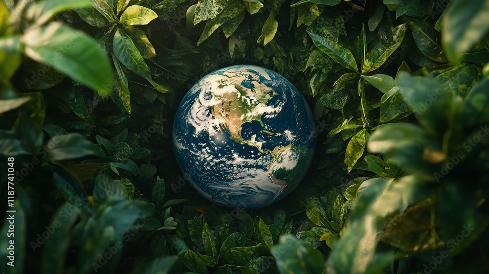 Earth nestled in lush greenery; environmental conservation Earth nestled in lush greenery; environmental conservation