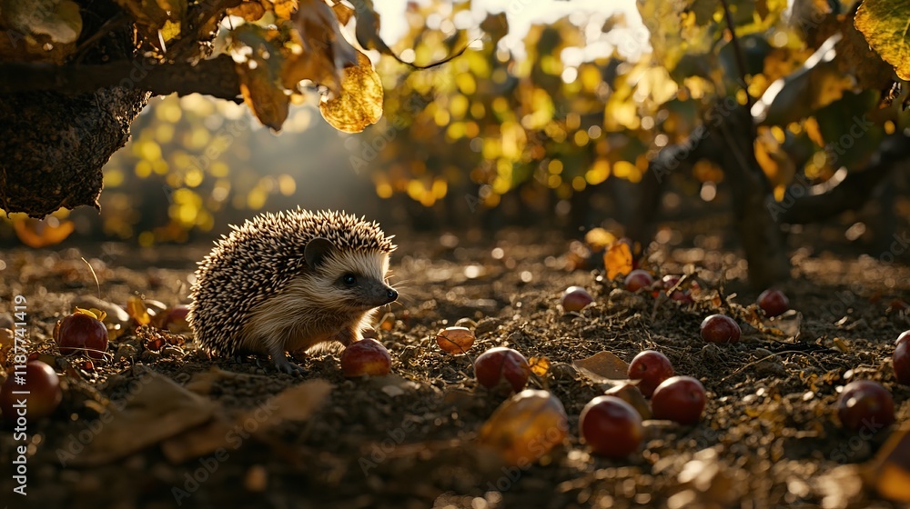 Fototapeta premium Hedgehog amidst autumn vineyard, sunlight.