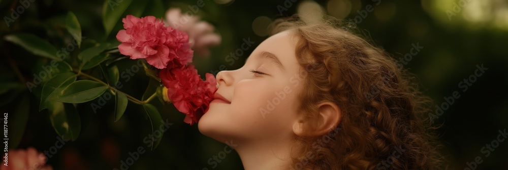 Naklejka premium A joyful young girl leans toward a blooming flower, reveling in its fragrance, symbolizing innocence and the pure joy of childhood amidst nature's wonders.