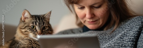 A touching moment is portrayed between a woman and her pet cat as she reads, embodying comfort and companionship that exemplifies the bond between humans and animals. photo