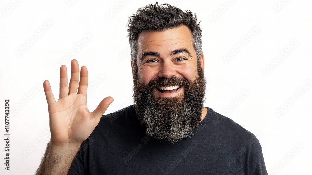 Happy Bearded Man Smiling and Waving at the Camera Joyfully Happy Bearded Man Smiling and Waving at the Camera Joyfully