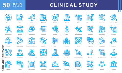 Clinical study icon collection set. Containing adverse event, baseline, double blind, blinding, case report form, endpoint, clinical trial icon.