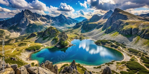 Aerial View of Borovets Mountain Ranges and Musala Peak with Blue Lakes in Summer - Stunning Drone Photography of Bulgaria's National Park photo