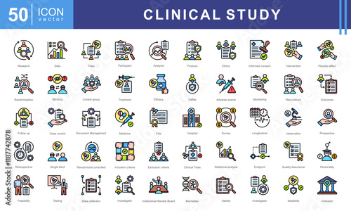 Clinical study icon collection set. Containing adverse event, baseline, double blind, blinding, case report form, endpoint, clinical trial icon.
