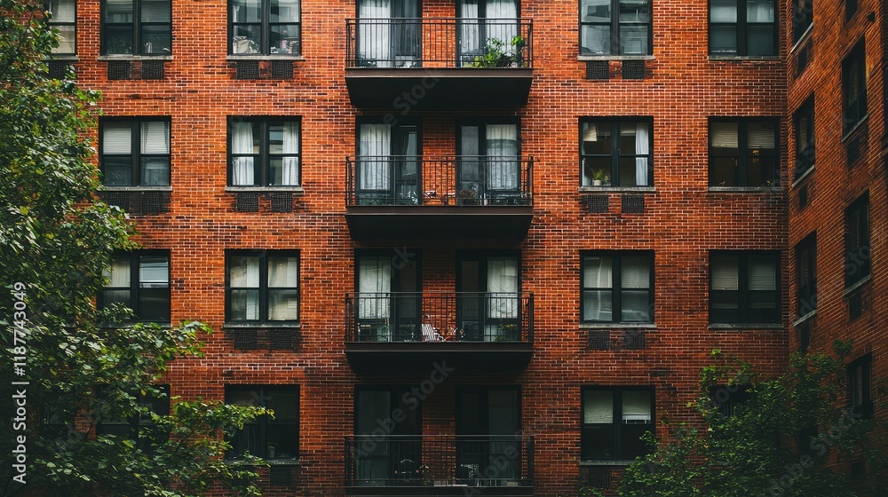 Fototapeta premium Urban Brick Building with Balconies and Greenery in Cityscape