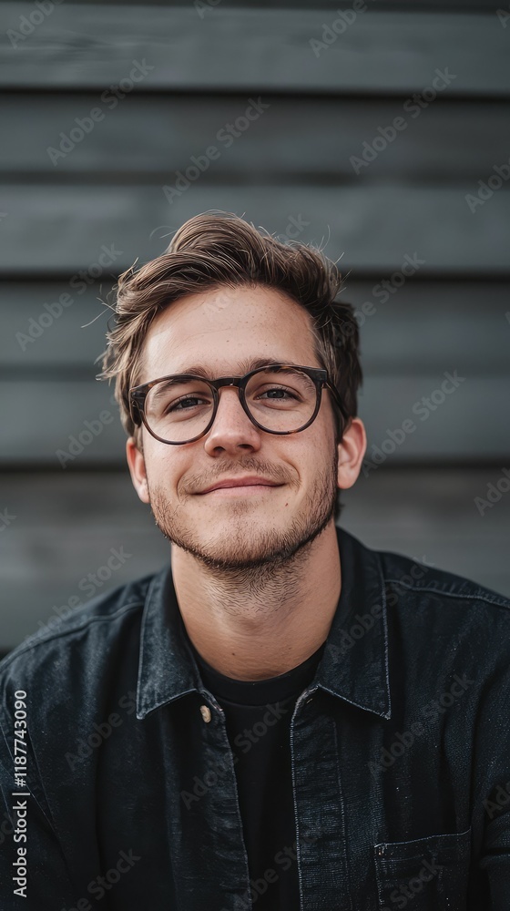 Young man with glasses smiling in front of a green background Young man with glasses smiling in front of a green background
