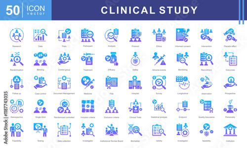 Clinical study icon collection set. Containing adverse event, baseline, double blind, blinding, case report form, endpoint, clinical trial icon.