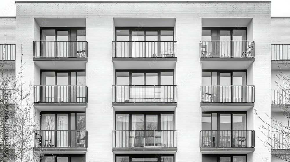 Obraz premium Modern Apartment Building Facade with Balconies and Large Windows