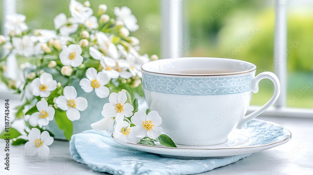 Tea Cup White Flowers Spring Relaxing Herbal Tea Porcelain Window Morning Calm Serenity Tea Cup White Flowers Spring Relaxing Herbal Tea Porcelain Window Morning Calm Serenity