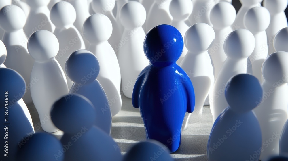Blue Male Figure Standing Out Among White Figures in a Crowd, Symbolizing Individuality and Uniqueness Blue Male Figure Standing Out Among White Figures in a Crowd, Symbolizing Individuality and Uniqueness