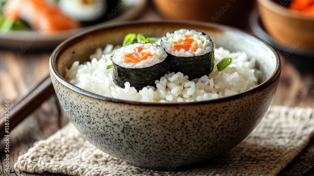 Bowl of White Rice Topped with Two Sushi Pieces on Woven Mat with Chopsticks Nearby in Elegant Japanese Cuisine Setting Bowl of White Rice Topped with Two Sushi Pieces on Woven Mat with Chopsticks Nearby in Elegant Japanese Cuisine Setting