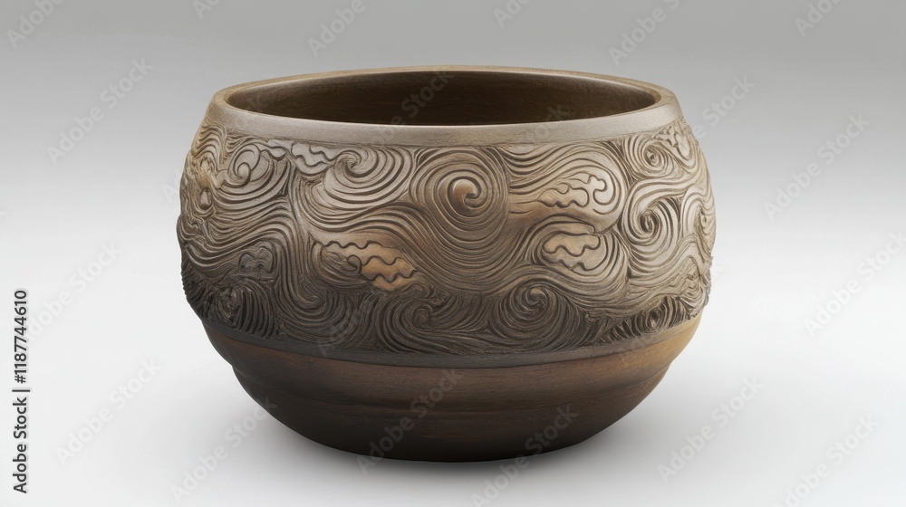 Woman Pointing at Ceramic Pot with Intricate Carvings in a Modern Studio, Showcasing Artistic Appreciation and Attention to Detail Woman Pointing at Ceramic Pot with Intricate Carvings in a Modern Studio, Showcasing Artistic Appreciation and Attention to Detail
