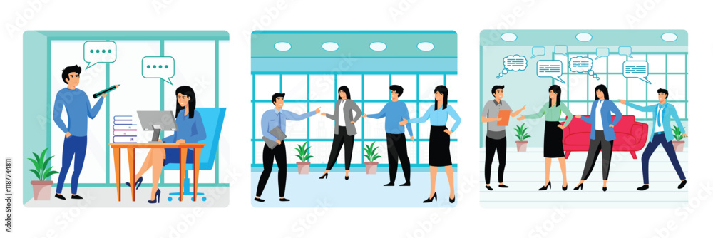 Fototapeta premium Employees standing and sitting. Office Team Engaged in Discussion. Empty speech bubbles. Set flat vector modern illustration