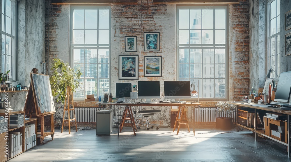 Obraz premium Cozy Modern Workspace with Natural Light and Artistic Décor