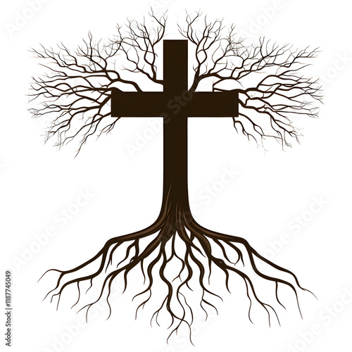 Cross with intricate tree branches and roots symbolizing faith and growth in spiritual life. Generative AI