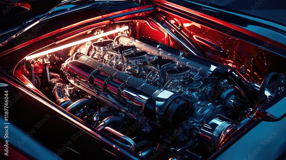 Fototapeta premium Polished Car Engine with Chrome Finish Under Dramatic Lighting