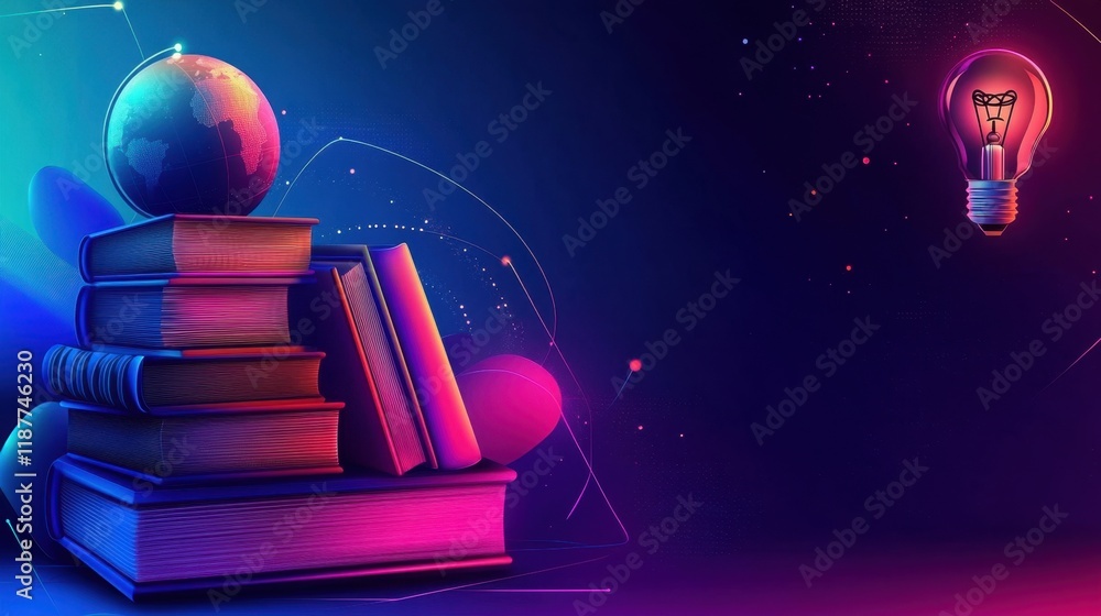 Obraz premium Global Education and Knowledge: A Stack of Books Topped with a Globe and Illuminated by an Idea Bulb