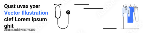 Stethoscope, scattered text, and clothing rack with hangers. Ideal for healthcare, education, fashion, typography, workplace diversity textual graphics informational visuals. Landing page