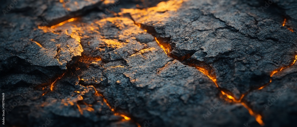 Glowing Cracks in Volcanic Rock. Background Dark, rough texture. Use Background Glowing Cracks in Volcanic Rock. Background Dark, rough texture. Use Background