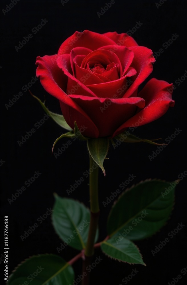 A single red rose stands majestically, its velvety petals unfurled, surrounded by lush green leaves. The striking contrast against a dark background highlights its natural beauty at night. A single red rose stands majestically, its velvety petals unfurled, surrounded by lush green leaves. The striking contrast against a dark background highlights its natural beauty at night.